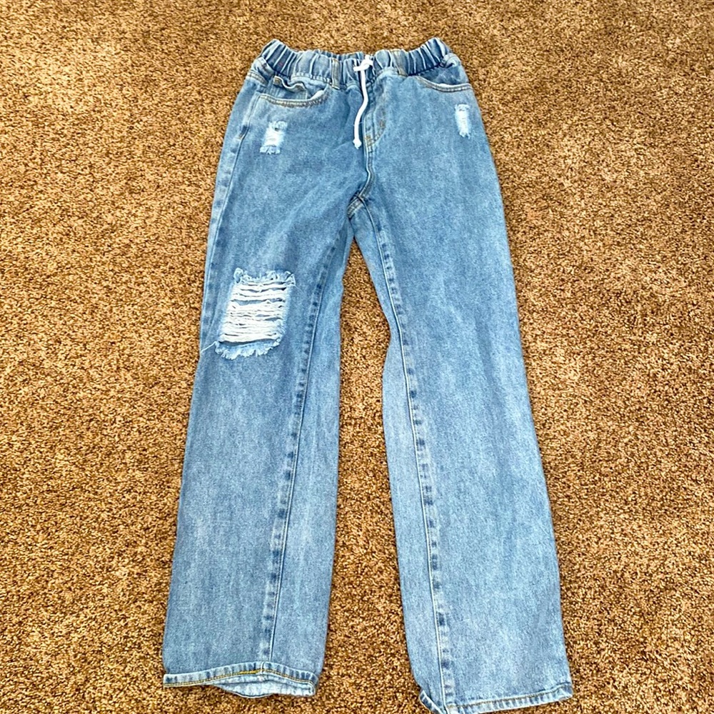 SHEIN High Waisted Drawstring Waist Ripped Straight Leg Jeans